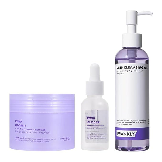 FRANKLY Pore Perfecting Set : Closer Serum, Toner Pads & Cleansing Oil | Deep Cleansing, Hydration, Pore Refining | For Sensitive, Oily & Acne-Prone Skin | Vegan | glass skin korean skincare set