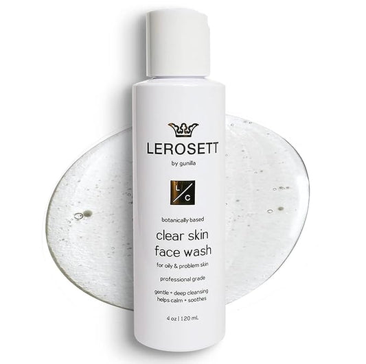 LEROSETT® Clear Skin Face Wash – Gentle Gel Cleanser with 60% Aloe-Rich Botanicals, 4% Glycolic Acid & Vit-E Microbeads – Fights Breakouts, Unclogs Pores, Balances Oil – Spa-Grade, Vegan – 4oz