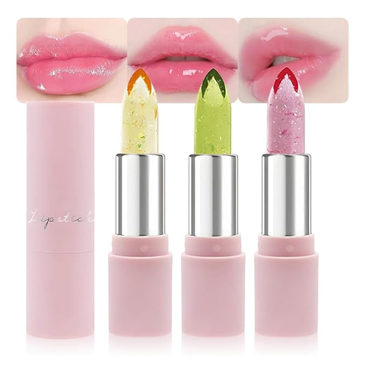 BINGBRUSH 3Pcs Ph Lipstick Color Changing,Crystal Jelly Gold Leaf Clear Mood Long Lasting Labiales Lip Care Moisturizer Lip Balm Korean Magic Lip Gloss 24 Hours Lip Tinted Stain Makeup Set for Women
