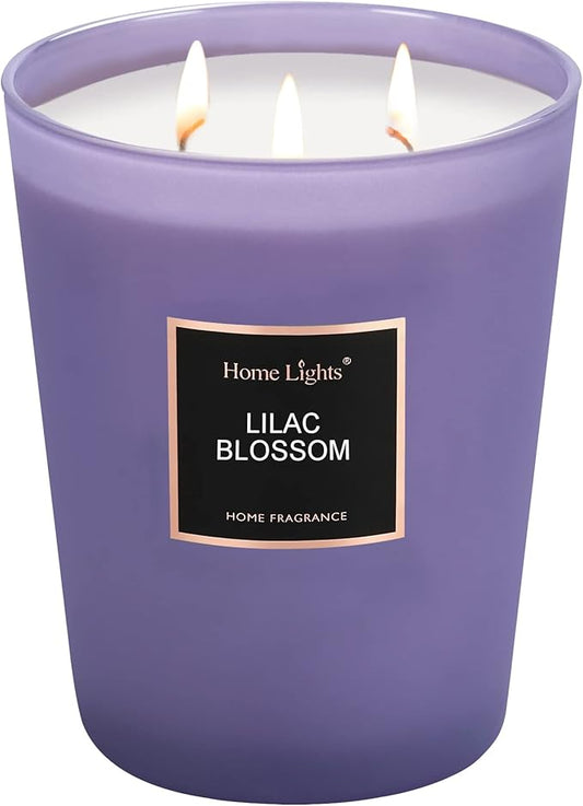 HomeLights Highly Scented Soy Candles Big 33.3 oz for Home. 3 Cotton Wicks, Smokeless Long Lasting 130 hrs in Lilac Blossom. 5x6, Great Gift for Women & Men