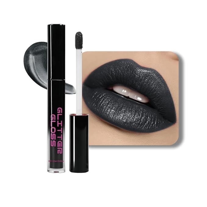 Gray Black Metallic Lipstick for Women,Glitter Sparkling Liquid Lipstick,Long Lasting Waterproof Lightweight Comfortable Non-Drying Bold Dark Lip Gloss for Gothic Stage Makeup,Vegan