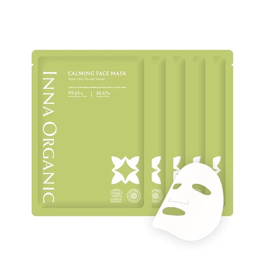 INNA ORGANIC Sheet Mask - Calming & Soothing, EWG & COSMOS Certified (Pack of 5) | Green Tea & Rose Infused Skin Care | Luxury Clean Beauty