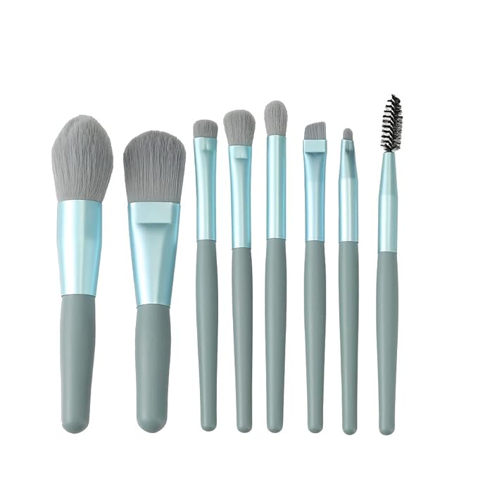 Travel Makeup Brush Set 7PCS Mini Size Premium Synthetic Fiber Foundation Blush Concealer Eyebrows Eye Shadow Angled brush Lip Make up Brush With Storage Bag (Dusty Blue)