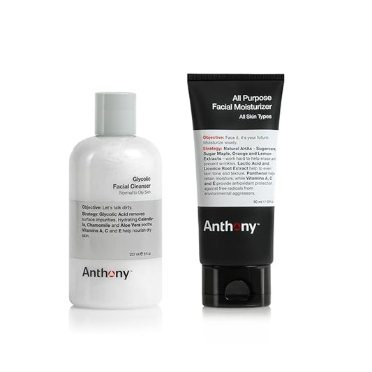 Anthony Essentials Duo Glycolic Facial Cleanser for Men and All-Purpose Facial Moisturizer - Men’s Hydrating Lotion for Dry Skin