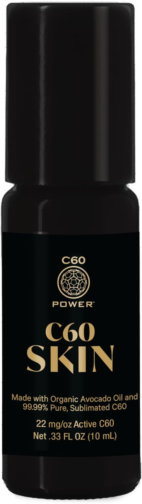 C60 Power Skin Roll On - Roller for Face, Hands & Body, Made with Organic Avocado Oil & 99.99% Pure Sublimated Carbon 60, Age Defying Skin Care, Natural Support for Wrinkles & Dry Patches - 0.33 fl oz