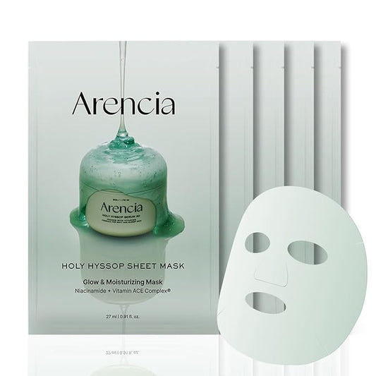 Arencia Hyssop Glow Sheet Mask, 5 Pack, Hydrating, Glowing, Boosting, Repairing for younger looking skin with Vitamin A,C,E