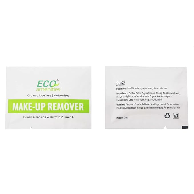 ECO amenities Makeup Remover Wipes - 20 Count, Individually Wrapped, Aloe Vera & Vitamin E - Face Wipes for All Skin Types - Travel Makeup Towelettes & Gentle Cleansing