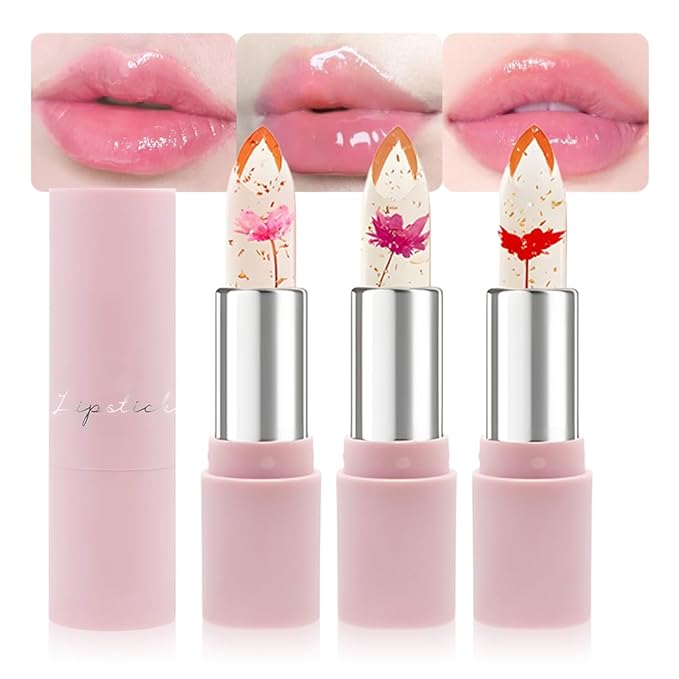 BINGBRUSH 3Pcs Ph Lipstick Color Changing,Pink Crystal Jelly Flower Clear Mood Long Lasting Labiales Lip Care Moisturizer Lip Balm Korean Magic Lip Gloss 24 Hours Lip Tinted Stain Makeup Set for Women