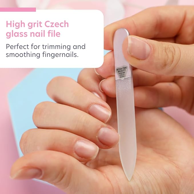 Bona Fide Beauty Handmade Czech Glass Manicure Pedicure Gift Set for Women, 4PC Gift Set in Rose Gold with Glass Foot File, Cuticle Pusher, Mini File and Regular Nail Filer