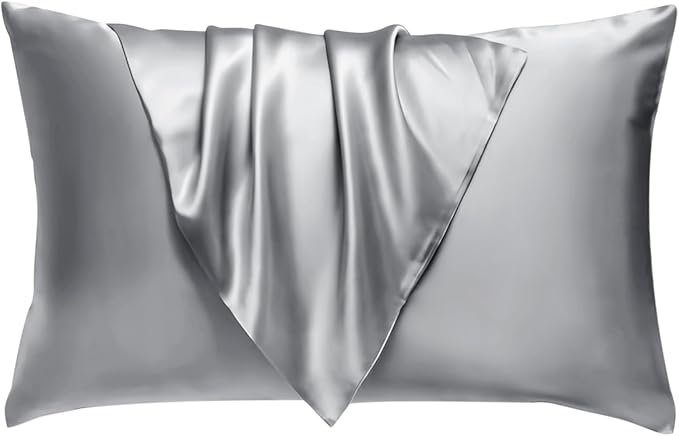 BHZ Satin Goose Down Feather Pillows Standard Size with Satin Pillowcase for Hair and Skin, Cooling Pillow Cases Similar to Silk Pillow Cases, Christmas Decorative Gifts for Women, Mom Men, Grey
