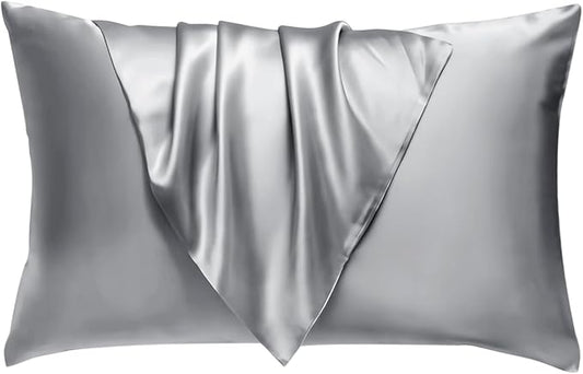 BHZ Satin Goose Down Feather Pillows Standard Size with Satin Pillowcase for Hair and Skin, Cooling Pillow Cases Similar to Silk Pillow Cases, Christmas Decorative Gifts for Women, Mom Men, Grey