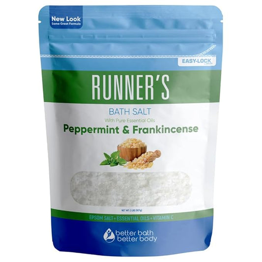 Runner's Bath Salt 32 Ounces Epsom Salt with Natural Peppermint, Frankincense, Lemon, Cypress, Tea Tree and Lemongrass Essential Oils Plus Vitamin C in BPA Free Pouch with Easy Press-Lock Seal