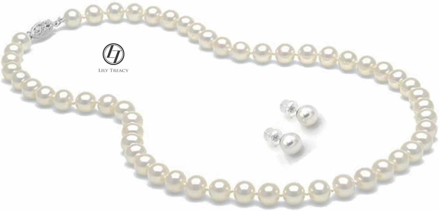 Lily Treacy Japanese Akoya Pearl Necklace Strand 14K gold clasp 18" w/Stud Earrings 18K gold post Set Bridal Gift 7-7.5mm