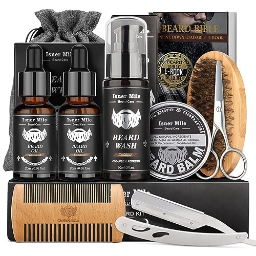Isner Mile Beard Grooming Kit for Men Care: Trimming Sets with Beard Wash - Oil - Balm - Brush - Comb & Straight Razor, Birthday Christmas Gifts Mens Stocking Stuffers for Him Boyfriend Dad Husband