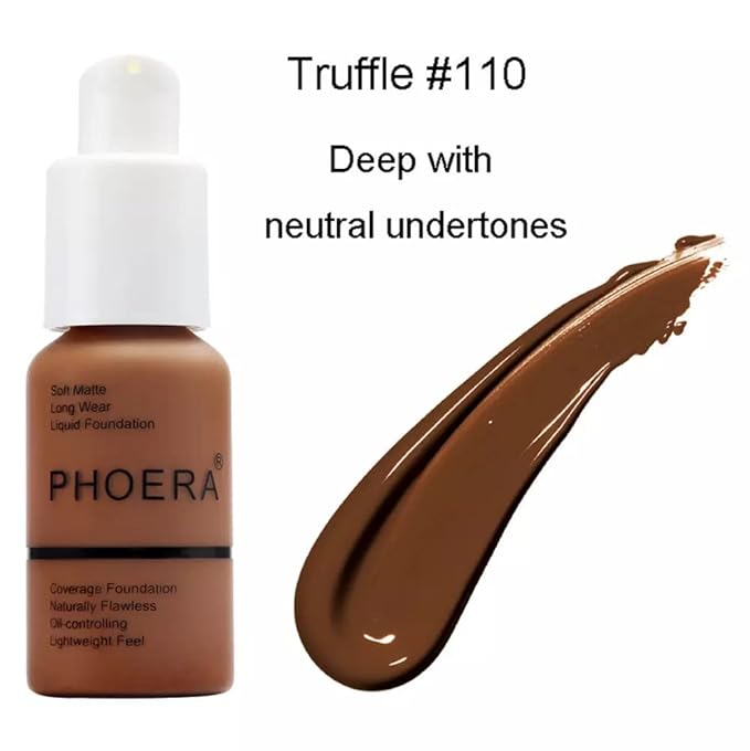 Phoera® Full Coverage Foundation Soft Matte Oil Control Concealer 30ml Flawless Cream Smooth Long Lasting aq (110 TRUFFLE)