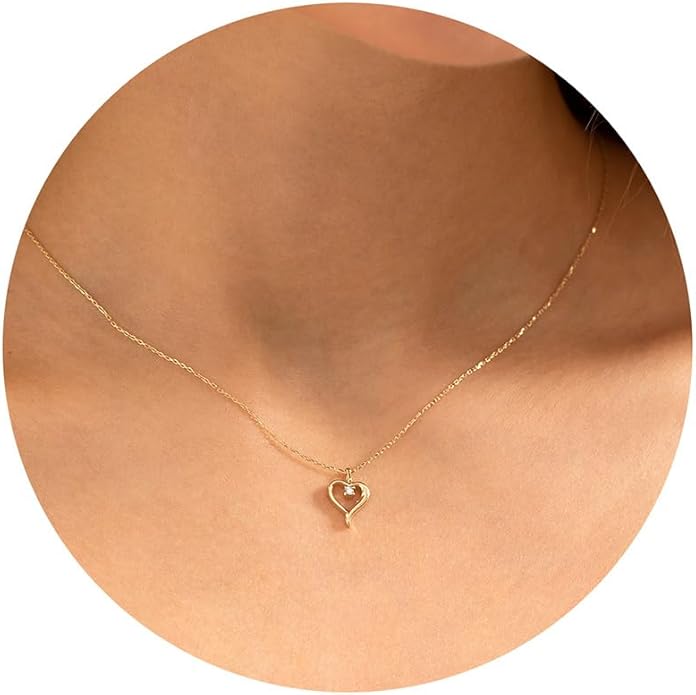 Dainty Gold Heart Necklace for Women - 14K Gold/Silver Plated Cute Heart Handmade Disc Circle Bee Choker Adjustable Necklace for Women Trendy Jewelry
