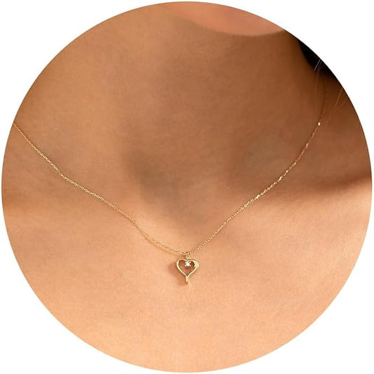 Dainty Gold Heart Necklace for Women - 14K Gold/Silver Plated Cute Heart Handmade Disc Circle Bee Choker Adjustable Necklace for Women Trendy Jewelry