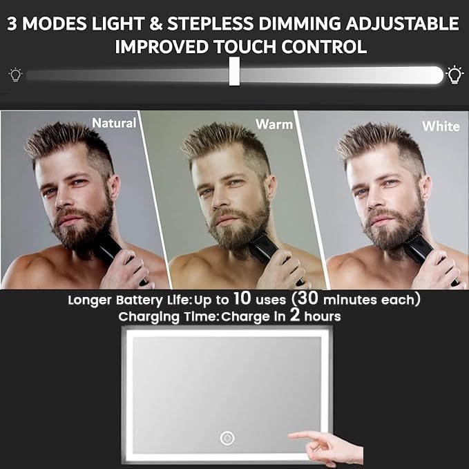 Vanexiss Rechargeable 3 Way Mirror for Hair Cutting, Real Glass Adjustable Trifold Mirror with 3 Color Temps LED Light & Telescoping Hooks for Makeup, Shaving & Styling(White)