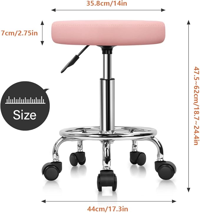 KKTONER PU Leather Round Rolling Stool with Foot Rest Swivel Height Adjustment Spa Drafting Salon Tattoo Work Office Massage Stools Task Chair Cushion 14 inches(Pink)