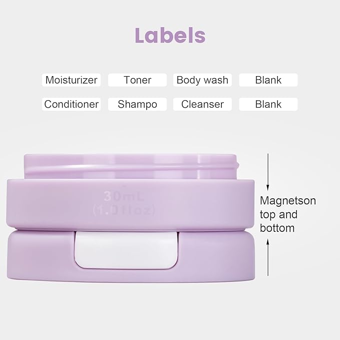 Gemice Travel Containers for Toiletries, Magnetic Travel Containers, TSA Approved Cream Jars with Toiletry Bag, Leak-proof Small 1oz Capsules Set with Multiple Labels for Organization (4 Pack)