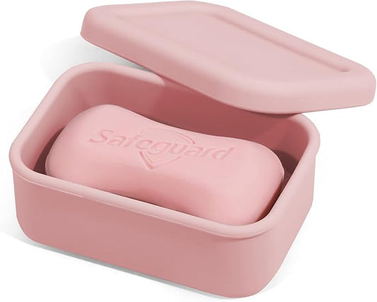 Leak Proof Silicone Travel Soap Case with Draining Layer, Travel Size Toiletry, Portable Soap Container for One Regular Bar Soap Perfectly, Shatter-Proof Soap Holder for Bathroom, Gym (Light Pink)