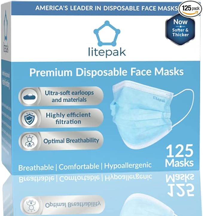 Litepak 125-Pack Disposable Face Mask Premium Comfort Earloops with Dispenser Box