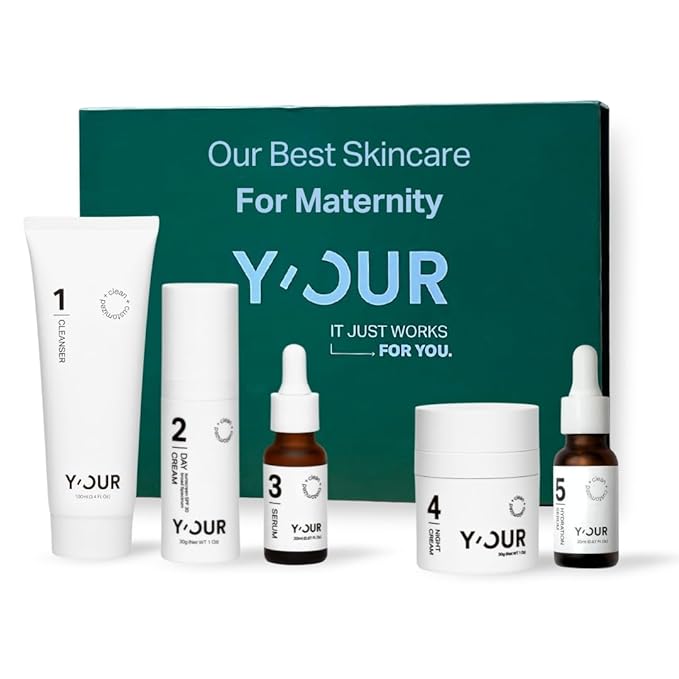 Y'OUR Non-Toxic, Pregnancy-Safe Skincare Set – 5-Step System with Cleanser, Day Cream, Serum, Night Cream & Hydration Serum – Soothing & Rejuvenating – Gentle and Non-Comedogenic Formula.
