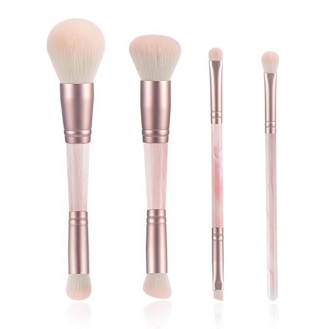 4PCS Pink Dual-Ended Makeup Brushes Set, Soft Synthetic Fiber Foundation Concealer Blending Eyeshadow Kabuki Brush, Travel-Friendly with Pouch, Vegan & Cruelty-Free