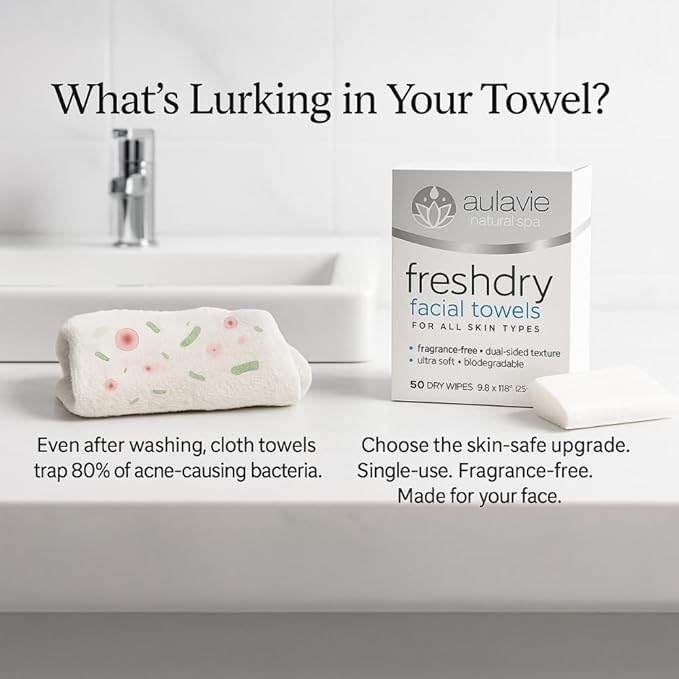 AULAVIE Fresh Disposable Face Towels, XL Self Care Dry Cleansing Cloth for All Skin Types, Ultra Soft Makeup Remover Wipes, Dry Towelettes for Acne and Skincare, Biodegradable; 10"x12" - 50 Wipes