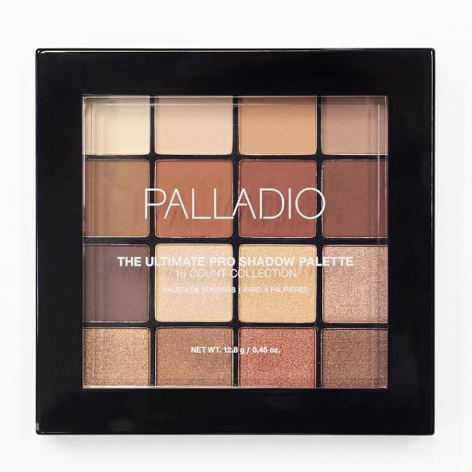 Palladio Ultimate Pro Eyeshadow Makeup Palette, 16 High-Pigmented Powder Colors, Matte, Shimmer, Satin Finishes, Natural Nudes