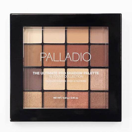 Palladio Ultimate Pro Eyeshadow Makeup Palette, 16 High-Pigmented Powder Colors, Matte, Shimmer, Satin Finishes, Natural Nudes