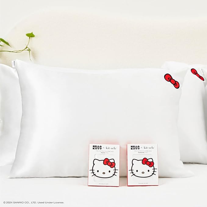 Kitsch x Hello Kitty (Solid Ivory Kitty Bow) - Satin Pillowcase with Zipper for Hair and Skin, Softer Than Silk, Smooth Cooling Pillow Covers, Machine Washable, King Size (19x36)
