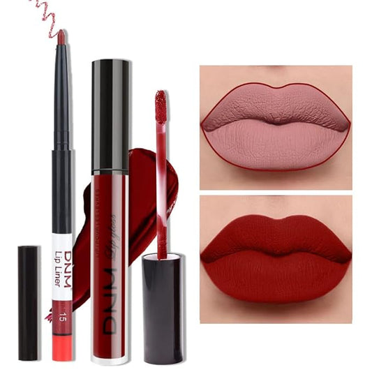 AMY'S DIARY 2pcs Matte Dark Red Lip Liner and Lipstick Makeup Set, Liquid Lipstick 24H and Lip Liner Set Matt Liquid Lips Make Up Waterproof Long Lasting Lipstick Matte Kit with Lip liner kit (02)