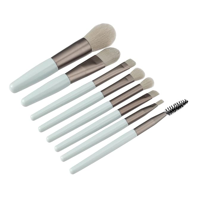 Travel Makeup Brush Set 7PCS Mini Size Premium Synthetic Fiber Foundation Blush Concealer Eyebrows Eye Shadow Angled brush Lip Make up Brush With Storage Bag (LightCyan)