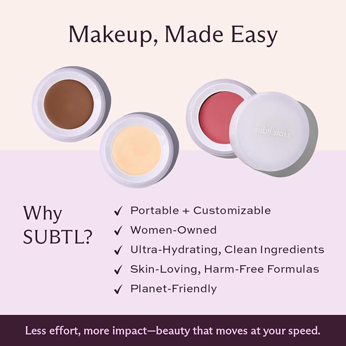 Subtl 3-in-1 Makeup Stack – Cream Bronzer, Powder Highlighter & Lip Glaze for On-the-Go Touch Ups – Lightweight, Travel-Friendly, Blendable Balm (Medium-Tan/Toffee)