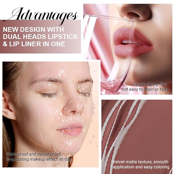 evpct 1Pcs Nuetral Nude Matte Lip Liner & Liquid Lipstick Stain Makeup Set for Women, Nude Lip Liner Stain Long Lasting Waterproof Smudge Proof, Cruelty Free Lip Stick Makeup 24 hours originales, 61