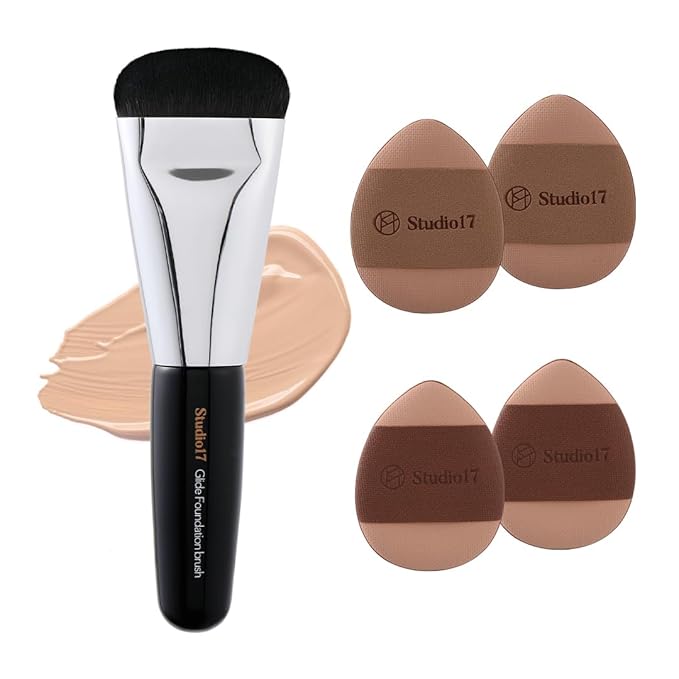 Mini Flat Foundation Brush & Small Puff Set | Small Makeup Brush Set with 4 Mini Sized Puffs | Kit for Liquid Foundation Makeup for Base | 0.06mm Micro Synthetic Bristle & Case Pack Included