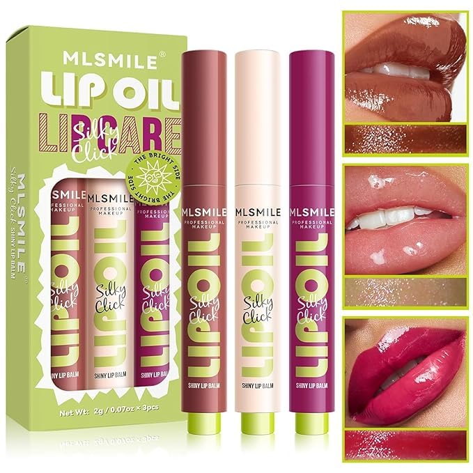 3 Colors Fat Lip Oil Click Slick,Press Lipstick Set, moisturizing and nourishing long-lasting lipstick, non-sticky high-pigment glossy lip oil, lightweight and shiny coconut oil lip plumper (Set-B)