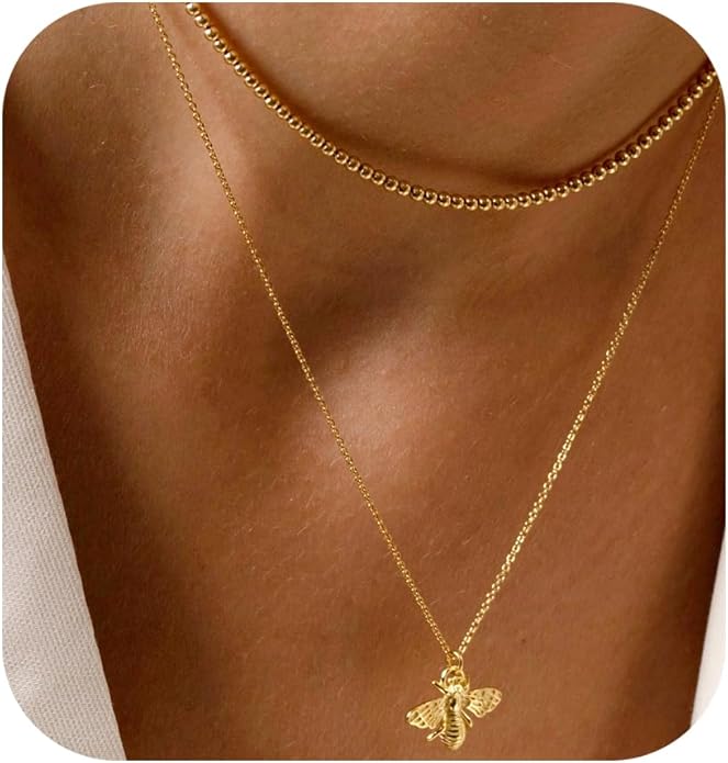 Dainty Gold Heart Necklace for Women - 14K Gold/Silver Plated Cute Heart Handmade Disc Circle Bee Choker Adjustable Necklace for Women Trendy Jewelry