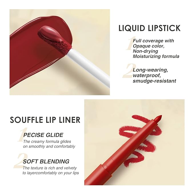 BestLand 6Pcs Matte Liquid Lipstick + Lip Liner Pens Set, One Step Lips Makeup Kits Pigment Velvety Nude Lip Stain Waterproof Long Wear Lip Gloss Make up Gift Set (Chic Shades Lip Set)