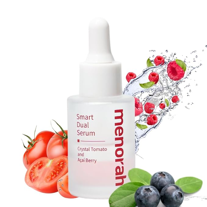 menorah skincare - Smart Dual Serum - with Crystal Tomato and Acai Berry, Anti-Aging Face Serum with Vitamin C+E, Natural Coconut & Palm Oils, Glow & Hydration Booster, Oil-Infused Formula
