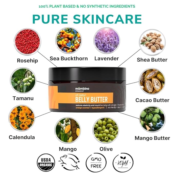 Mambino Organics Oh Baby! Belly Butter, Belly Cream with Shea Butter for Pregnancy, Minimizes Stretch Marks, Vegan, Cruelty-Free, Maternity Skin Care, 2-Pack, 4 fl oz