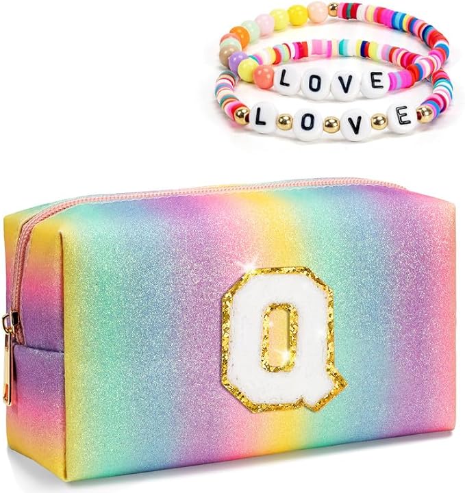 Preppy Makeup Bag for Women Girls, Personalized Gifts for Daughter Granddaughter, Initial Zipper Pouch, Toiletry Bag, Travel Essentials, Monogrammed Gifts, Trending Stuff for Kids (Medium)