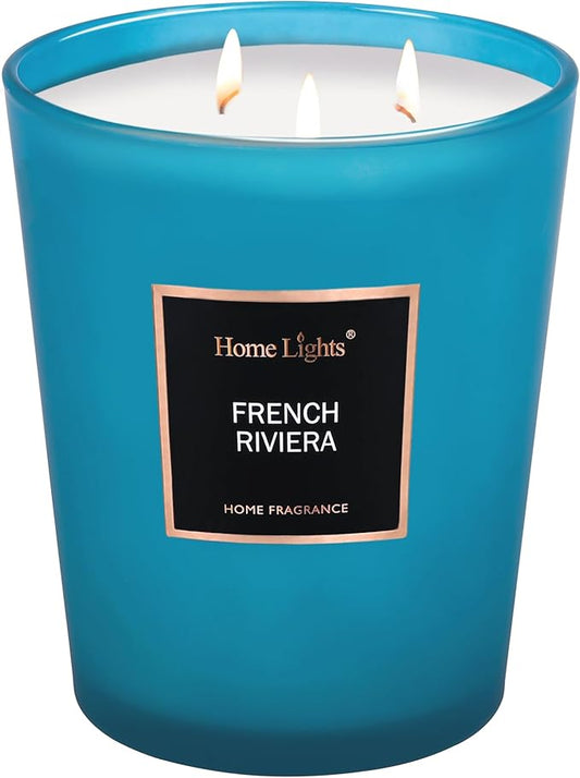 HomeLights Scented Candles | Large Jar Candle - 33.3 Oz. Natural Soy Aromatherapy Candles | Up to 130 Hours Burn Time with 3 Cotton Wicks,Home Decorative Fragrance Candles Gift - French Riviera