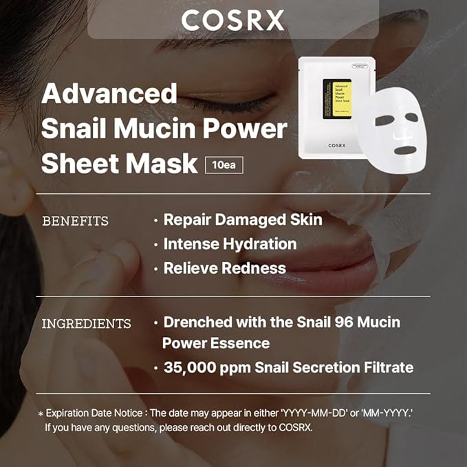 COSRX Glazed Donut Look- Snail Mucin 92% Daily Repair Moisturizer with Snail Mucin Sheet Mask (Pack of 10), Hydrating Serum for Face with Snail Secretion Filtrate for Dark Spots and Fine Lines