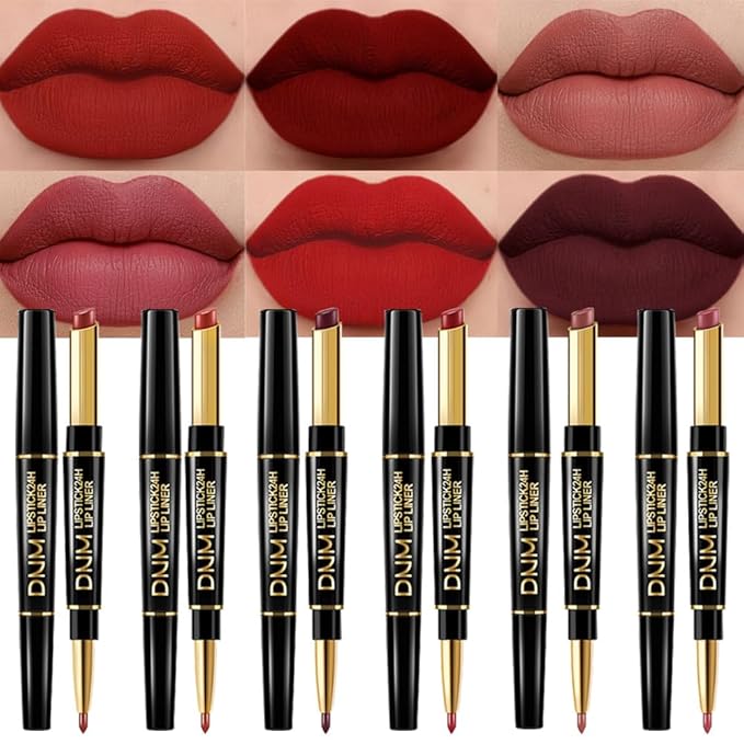 BINGBRUSH 6Pcs Double Ended Mauve Ruby Deep Red Matte Lip Liner and Lipstick Makeup Combo Set for Women, Light Brown Lipliner 24 Hours Original Waterproof Long Lasting Lip Stains Pencil Kit Set