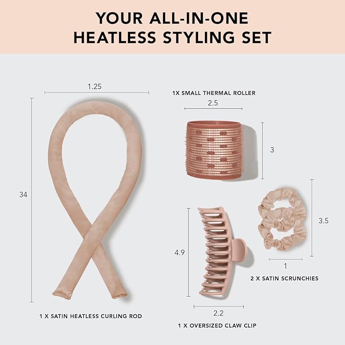 Kitsch Satin Heatless Hair Curler Styling 5pc Gift Set - Satin Heatless Hair Curler w/ 2 Scrunchies, Ceramic Thermal Roller & Claw Clip, Gifts for Women, Hair Roller Styling & Accessories- Champagne