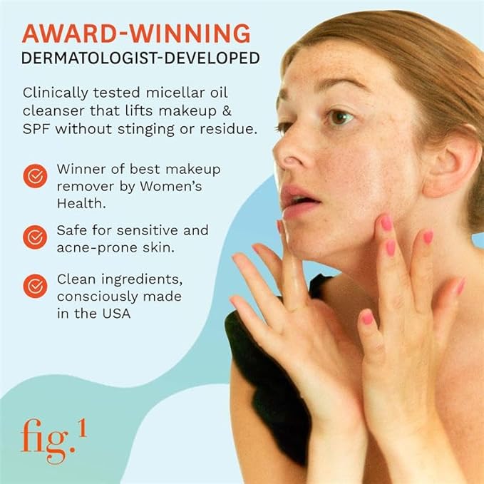Fig.1 Micellar Oil Cleanser for Face - Makeup Remover Cleansing oil, Facial Cleanser - Squalane & Grapeseed Oil Formula, Cleanse without Clogging Pores, Acne-Prone Facial Skincare, Refillable 3.4 Oz