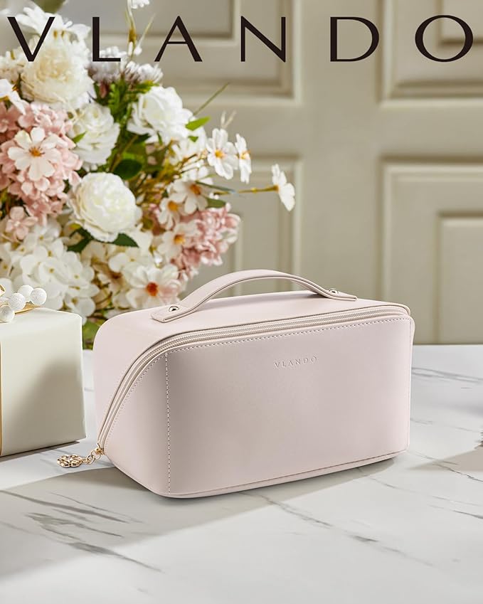 Vlando Travel Makeup Bag,Teacher Appreciation Gifts,Large Capacity Toiletry Bag for Women Wide Open Cosmetic Organizer with Divider and Handle(White)