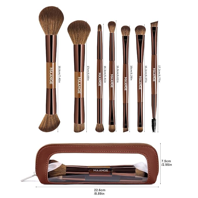 MAANGE 7 PCS Foundation Makeup Brush Set With Bag, Make up Brushes, Eyeshadow Concealer Brush, Double-ended Foundation Contour Powder Blush, Professional Face brush Set Tools For Liquid,Cream (Brown)